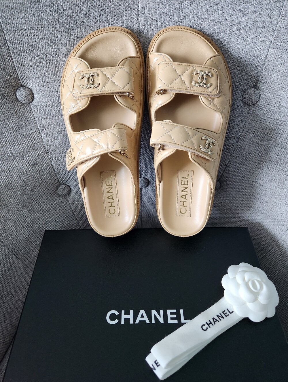 Authentic CHANEL Dad slide sandal Size 37.5 EU  BEIGE Mules Lambskin - Picture 2 of 16